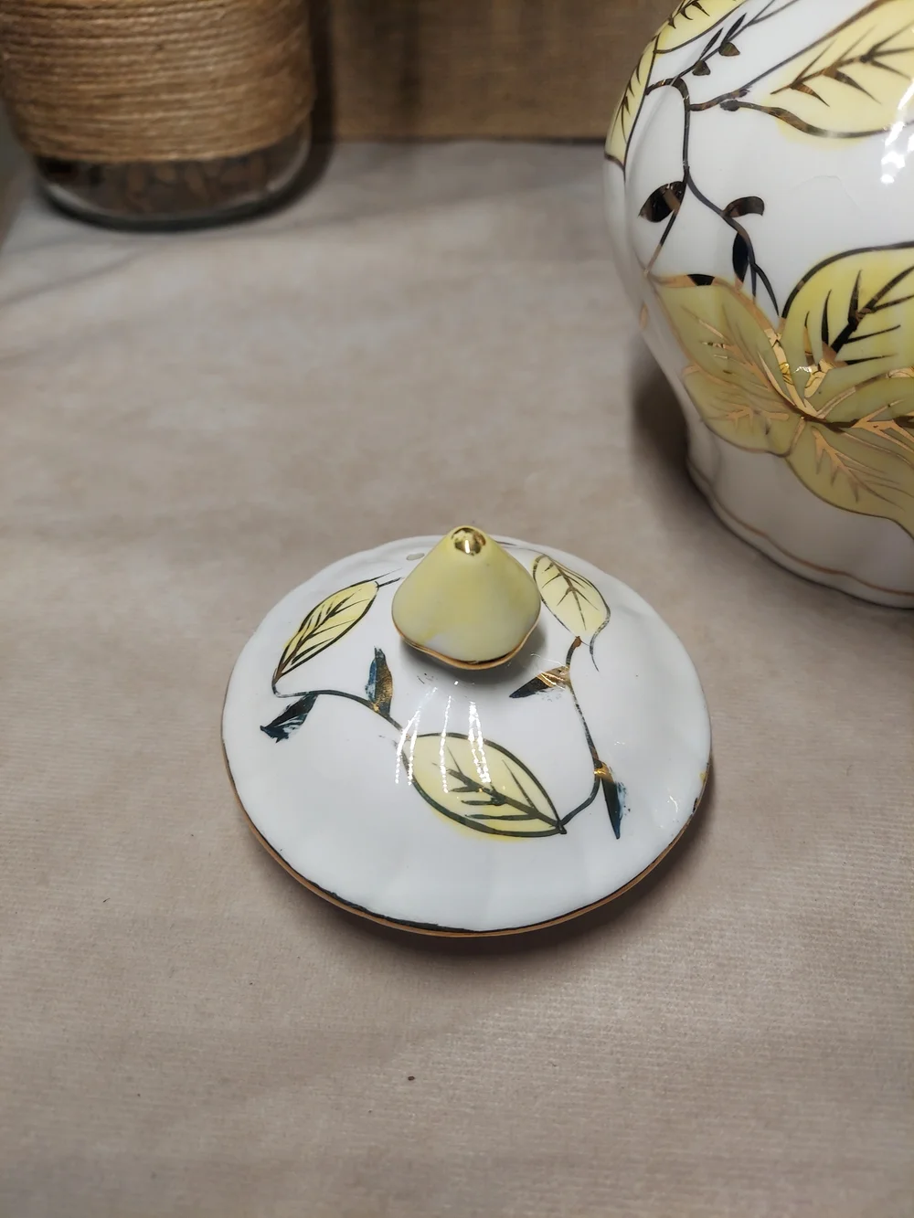 Vintage Royal Sealy Japan Yellow Leaf & Gold Trim Fluted Ceramic Teapot with Lid